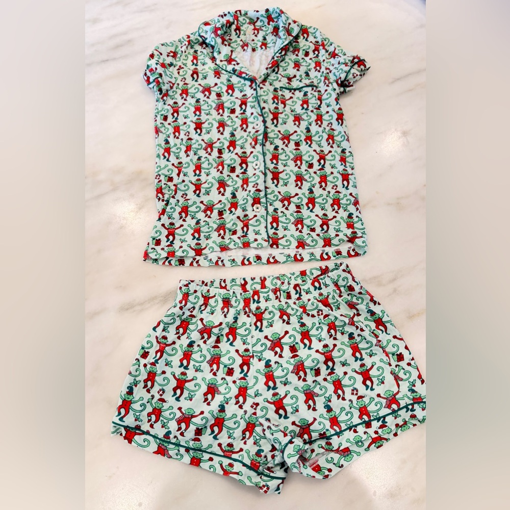 Roller rabbit monkey pajamas xs Christmas green red